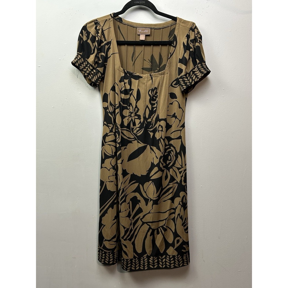 Trulli Dress Womens Small Tan Black Floral Square‎ Neck Puff Sleeve Sheath 10814